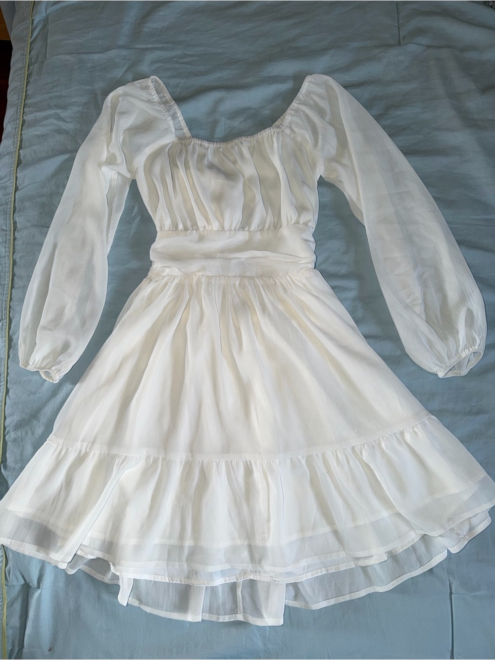 White Sheer Long-Sleeve Ruffled Mini Dress